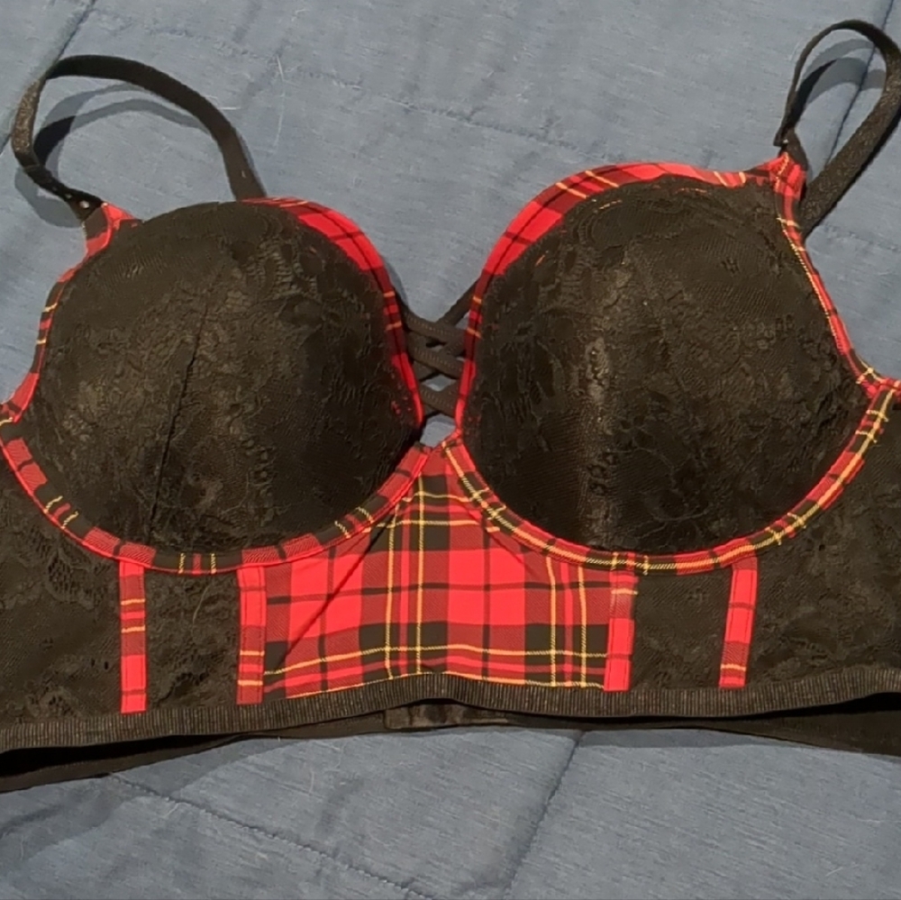 Torrid Black and Red Plaid Lace Bra